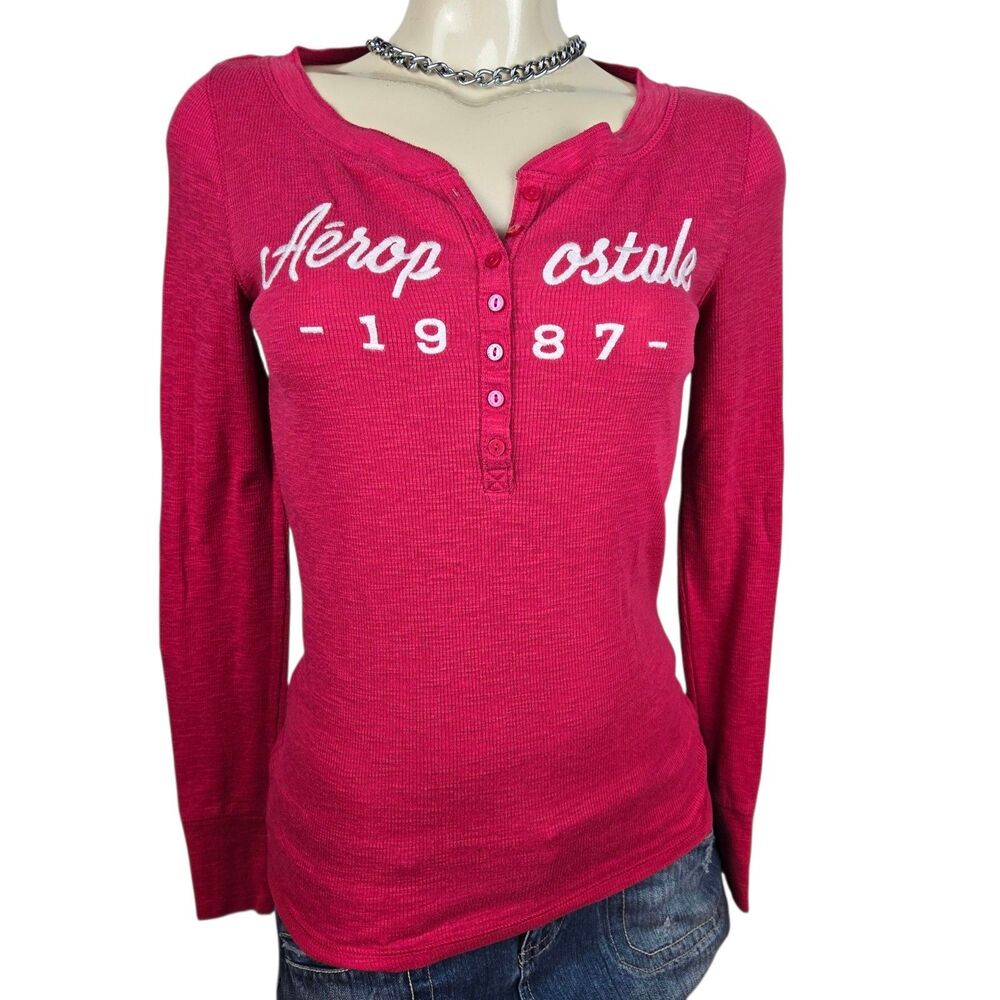 Vtg Aeropostale Y2K Ribbed Pink Henley Top M Bella Swan Logo Embroidery Twilight
